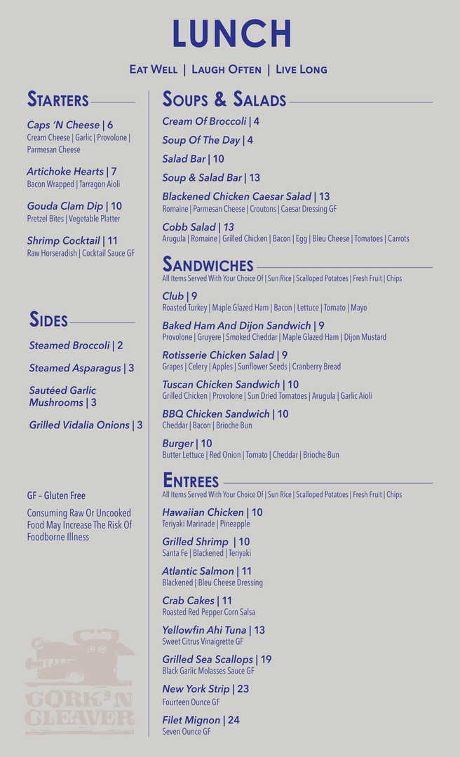 Lunch Menu Cork 'N Cleaver